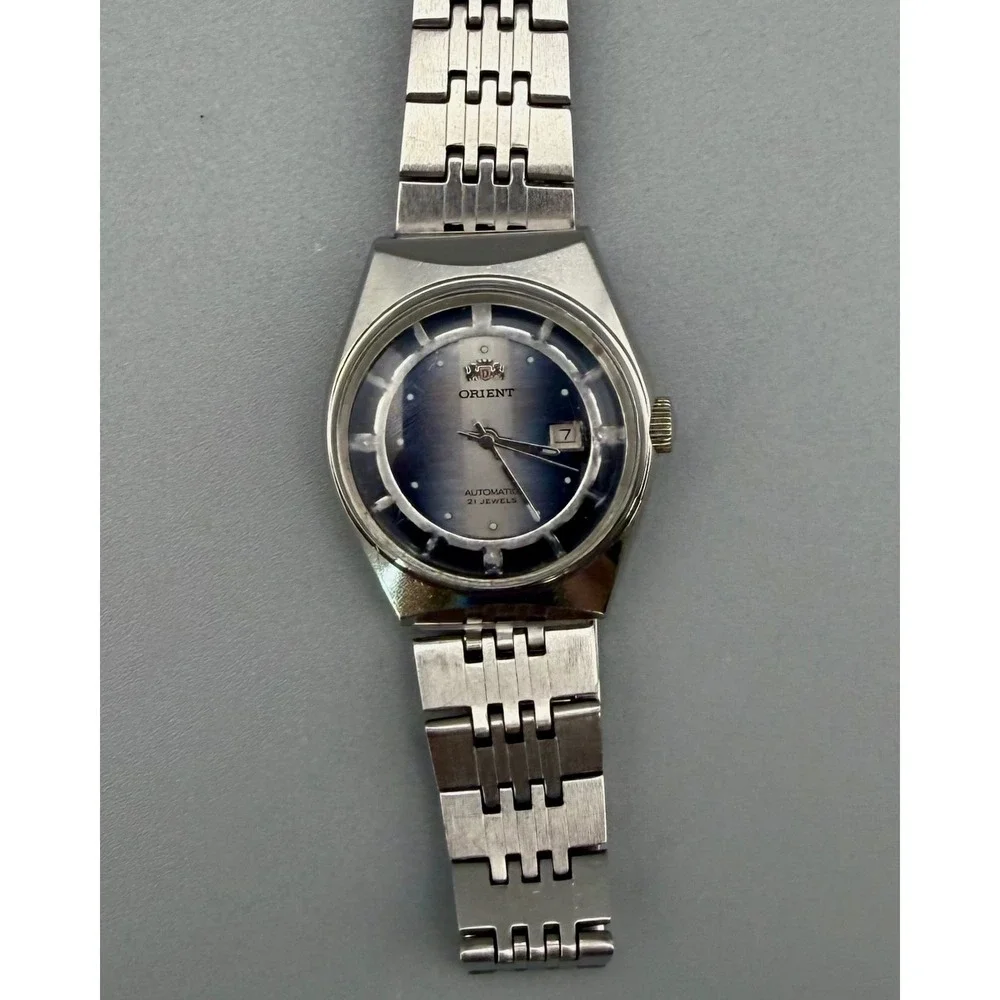 Vintage Orient Automatic 21 Jewels Blue Dial Date Stainless Steel Watch 25mm